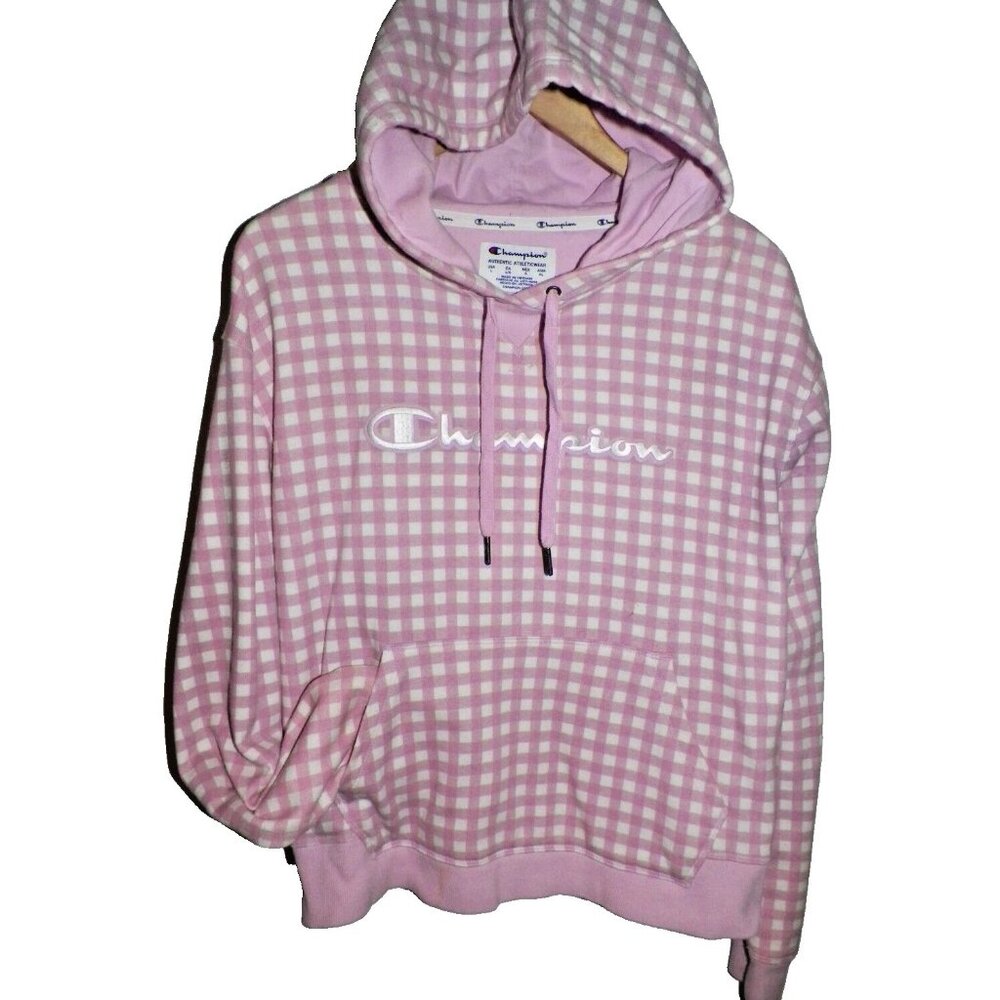 Women's L Champion Pink Hoodie Pullover Pink Check Gingham Cotton Terry Lining